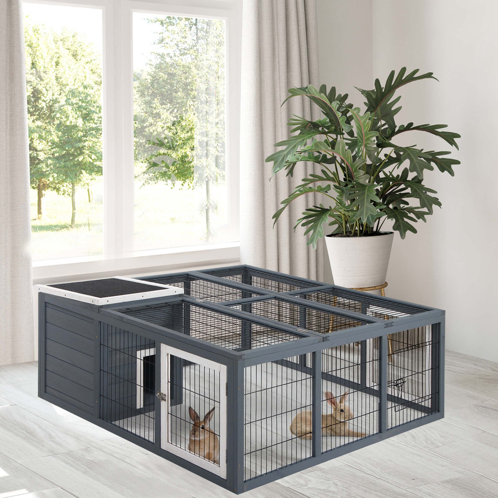 Rabbit Hutch Small Animal Guinea Pig House With Openable Roof Dark Grey
