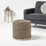 HOMESCAPES Black And Cream Chevron Pattern Circular Pouffe