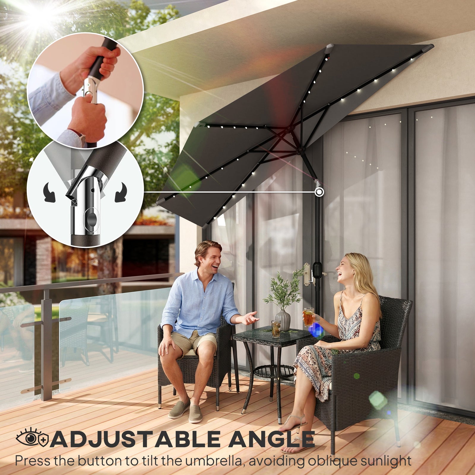 2.6 M Half Parasol With Solar Lights, Upf50+ Semi Round Umbrella | Dark Grey