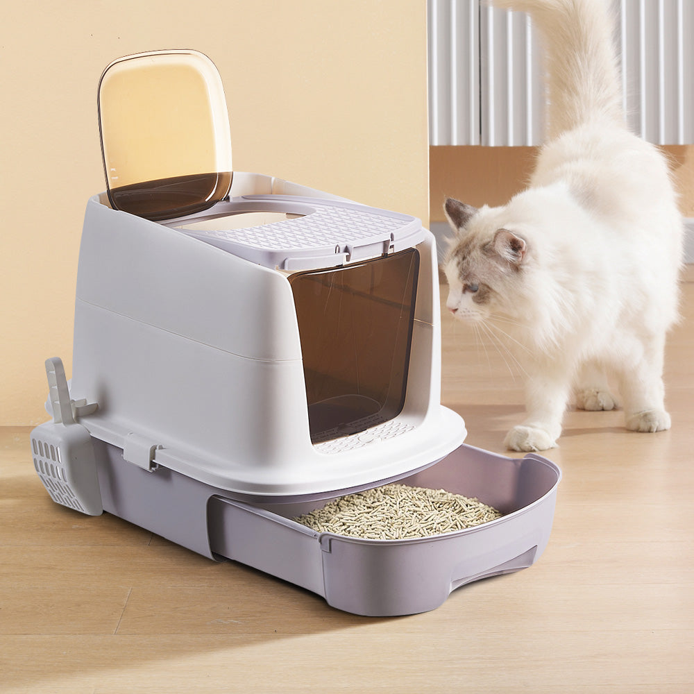 Enclosed Cat Litter Box With Drawer And Scoop Easy Clean