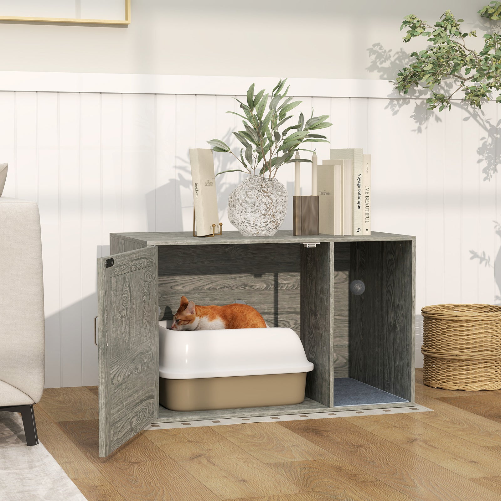 Boho Style Cat Litter Box Enclosure With Rattan Door, Scratching Mat, Toy Ball