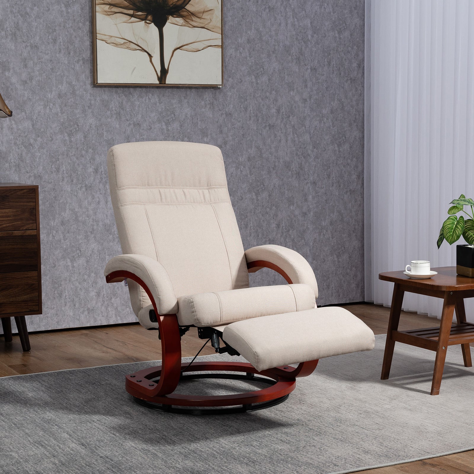 Manual Recliner Swivel Chair With Footrest Armrests | One Size | Beige