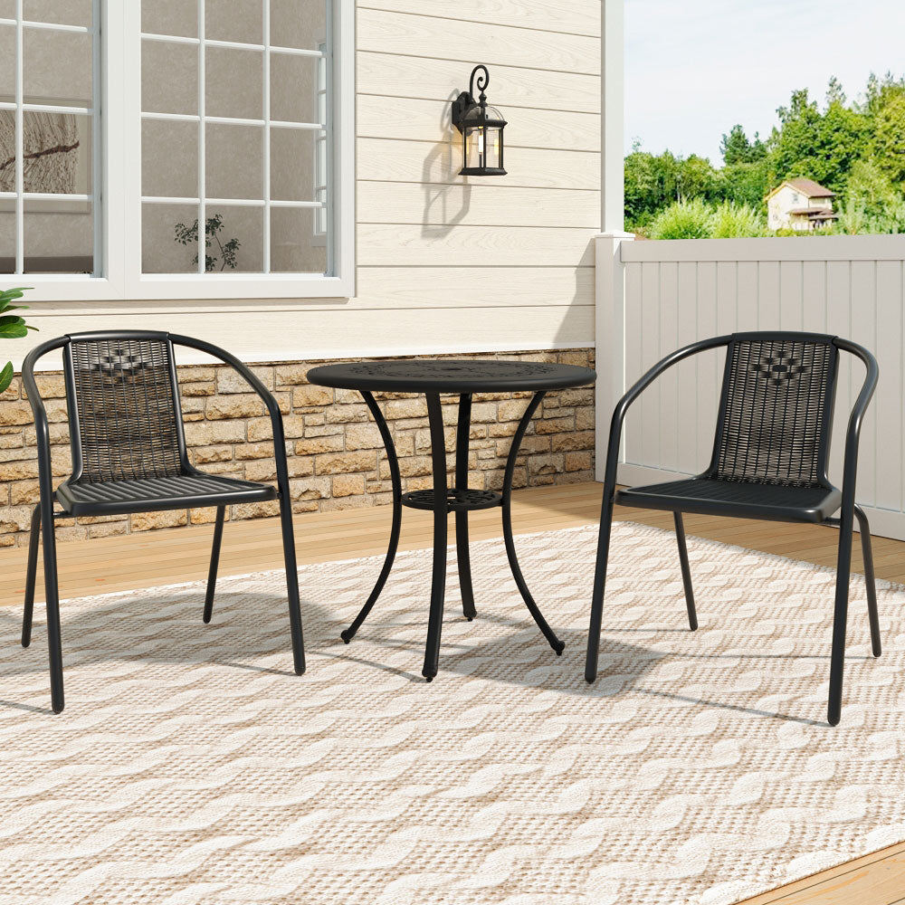 3 Pcs Bistro Set Cast Aluminium Round Patio Dining Table With Pe Rattan Stacking Chairs