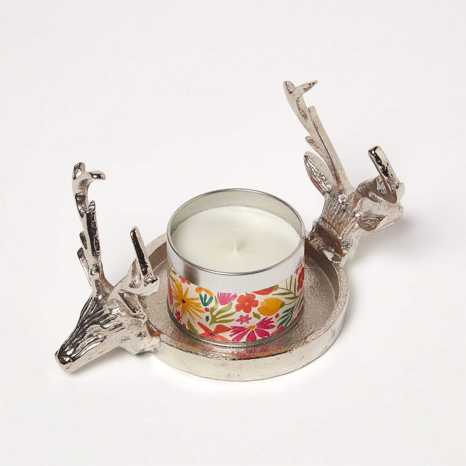 HOMESCAPES Silver Reindeer Double Candle Holder