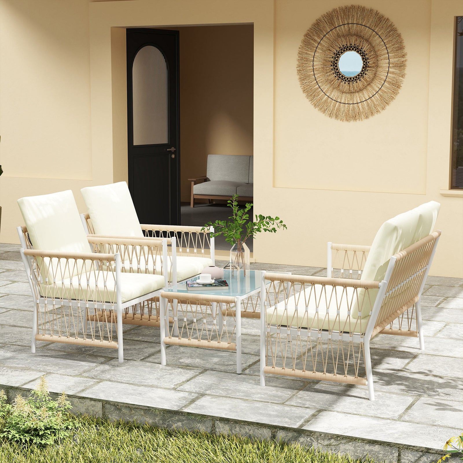 4 Piece Rattan Set, Wicker Conversation Set | Khaki