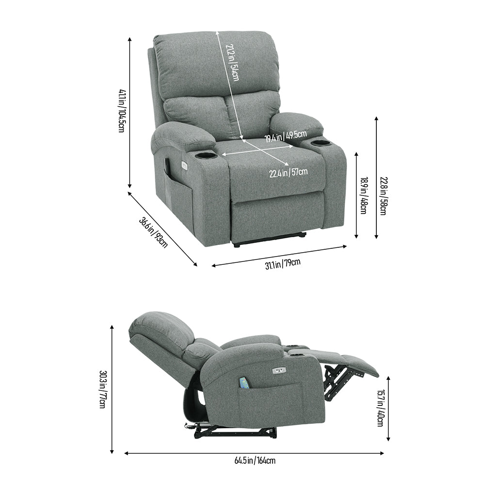 Linen Upholstery Electric Massage Recliner Armchair With Heat, 8-point Vibrating System, Adjustable Backrest, Cup Holders & Storage Pocket