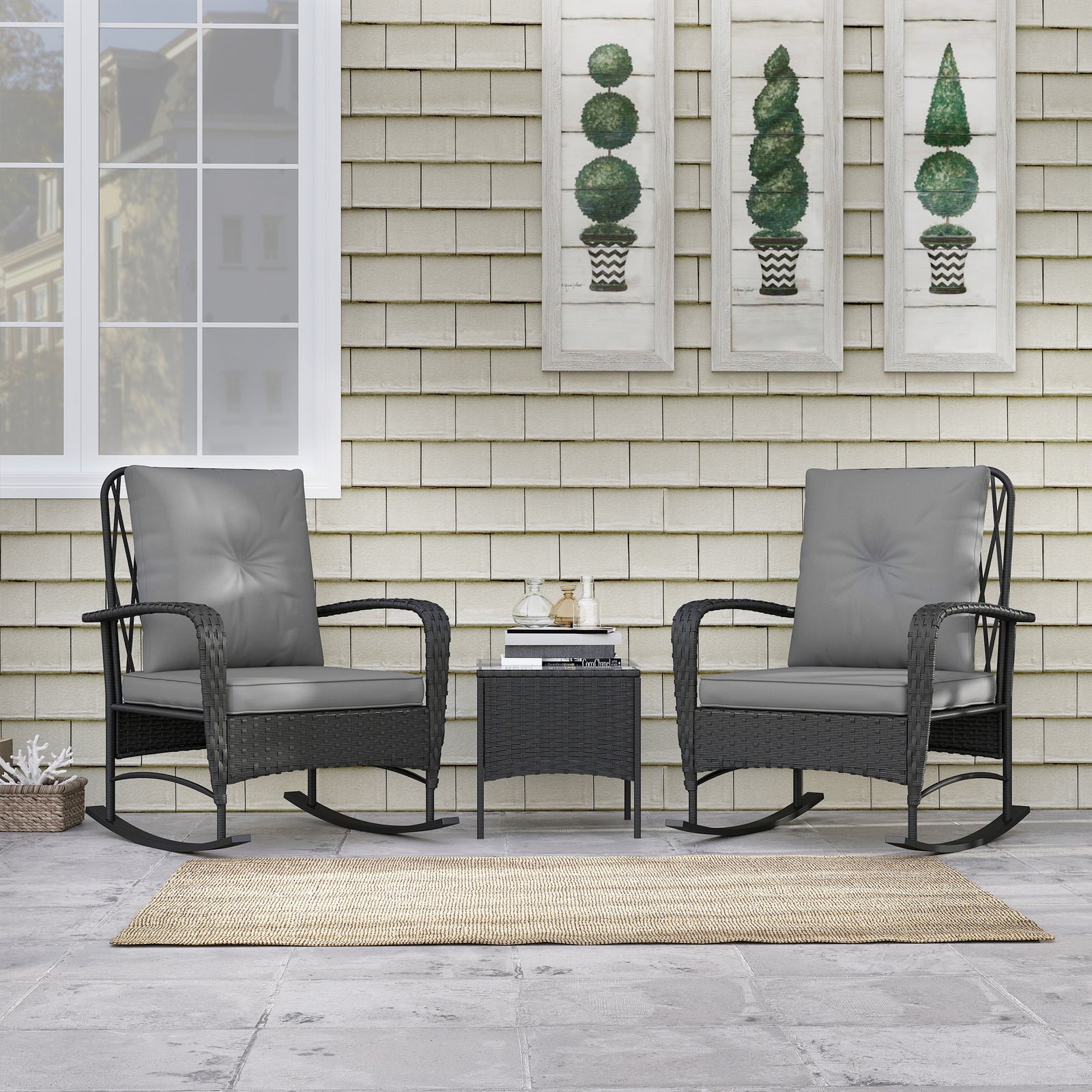 Rattan Bistro Set Balcony Furniture With Rocking Chairs | Black
