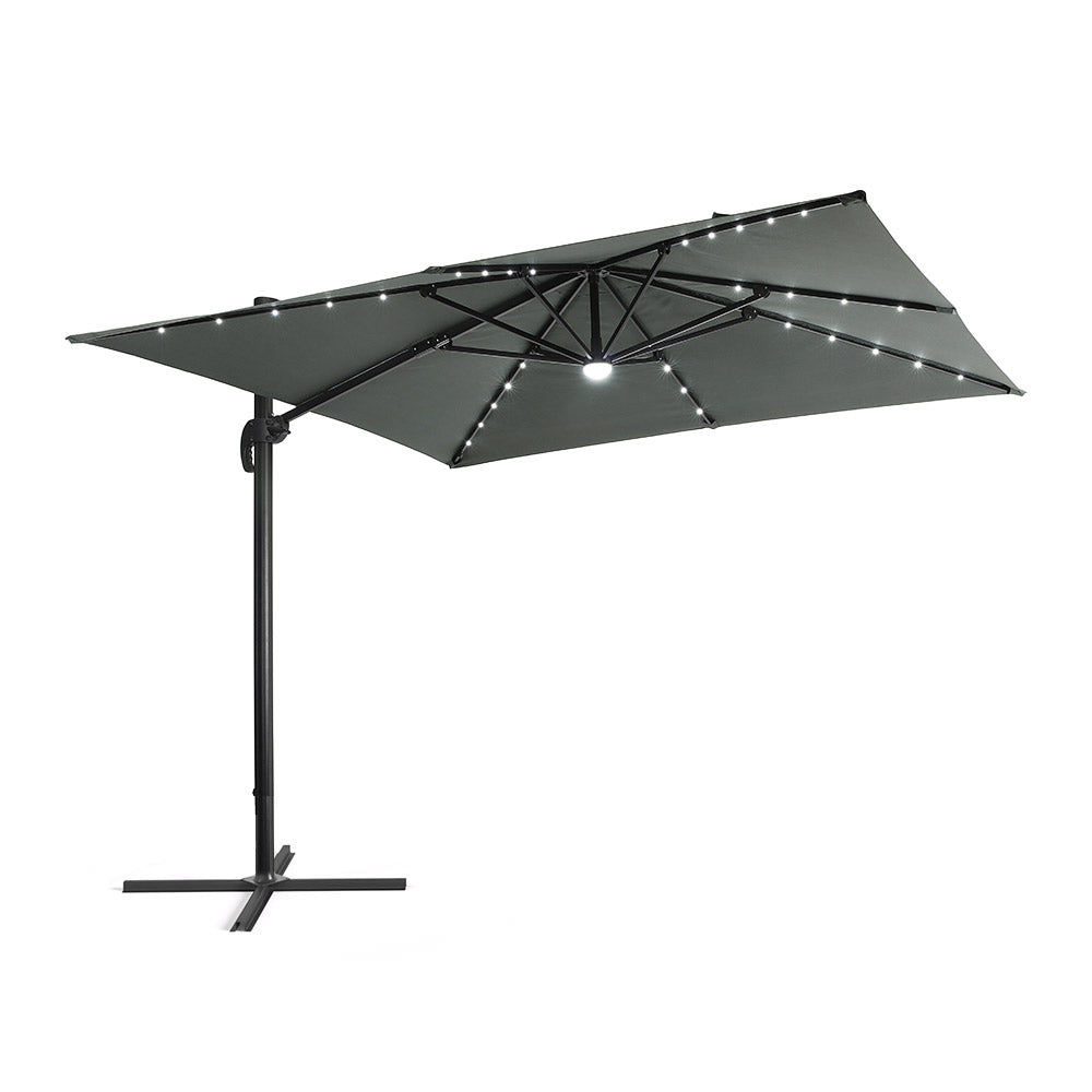 3m Solar Led Cantilever Patio Square Umbrella With 32 Led Lights & Center Light, 360° Rotation With Pu Coating,cross Base Included | One Size | Dark Grey