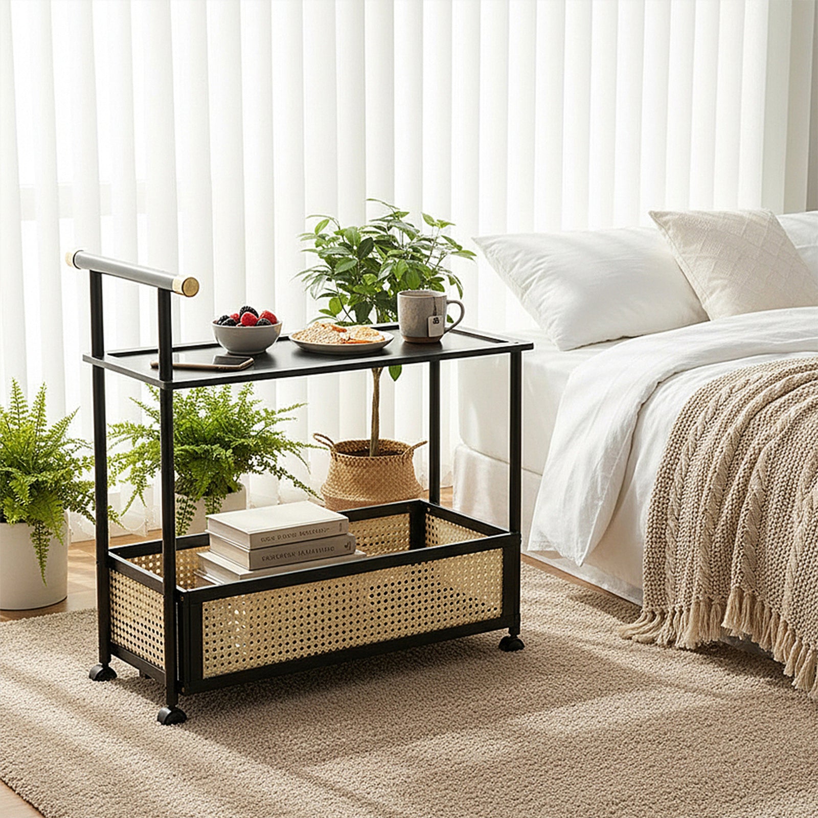 Breeins 2-tier Rolling Bamboo Side Table With Side Handle