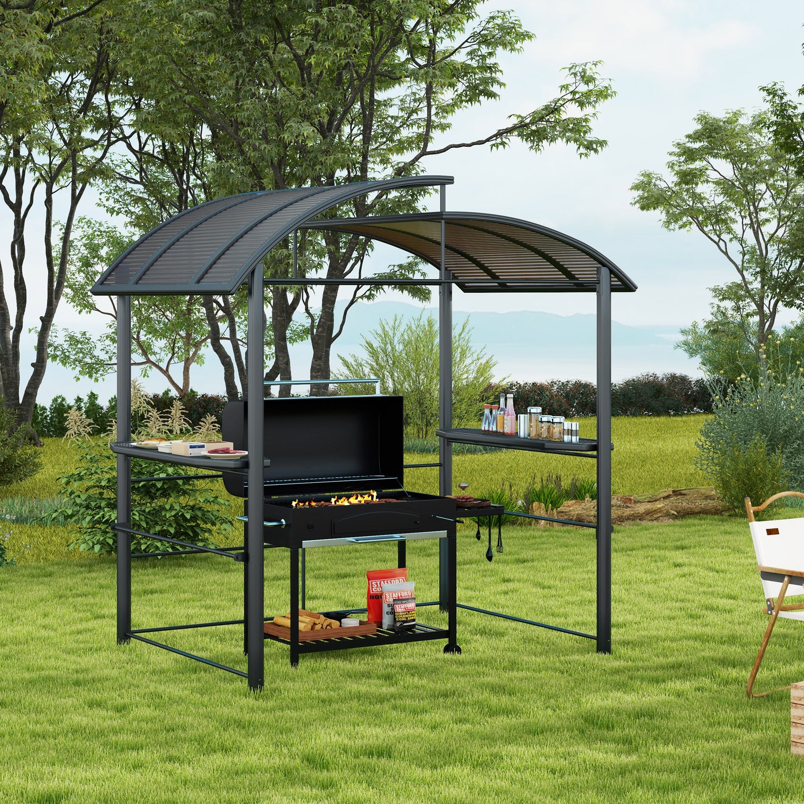Outdoor Grill Bbq Gazebo 2 Shelves And Poles Hanging Tools