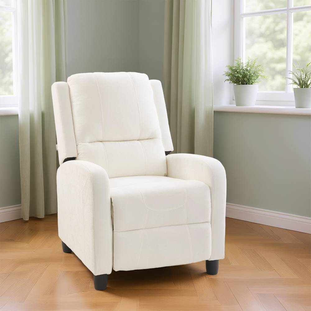 Living and Home Chenille Recliner Chair – Push-back Single Sofa With 140° Recline & Footrest, White Beige