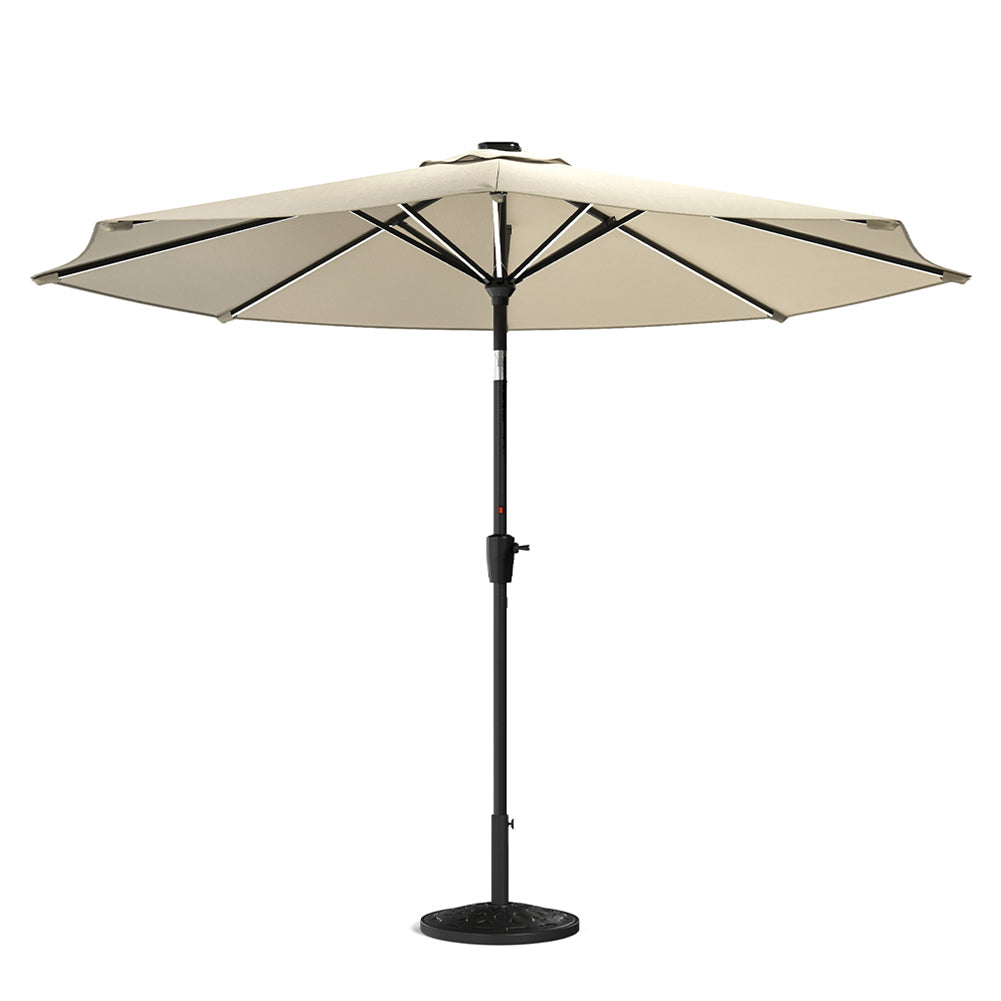 3m Solar Led Patio Umbrella, Outdoor Parasol With 16 Led Tubes, Crank Lift & Push Button Tilt With Resin Base | One Size | Beige