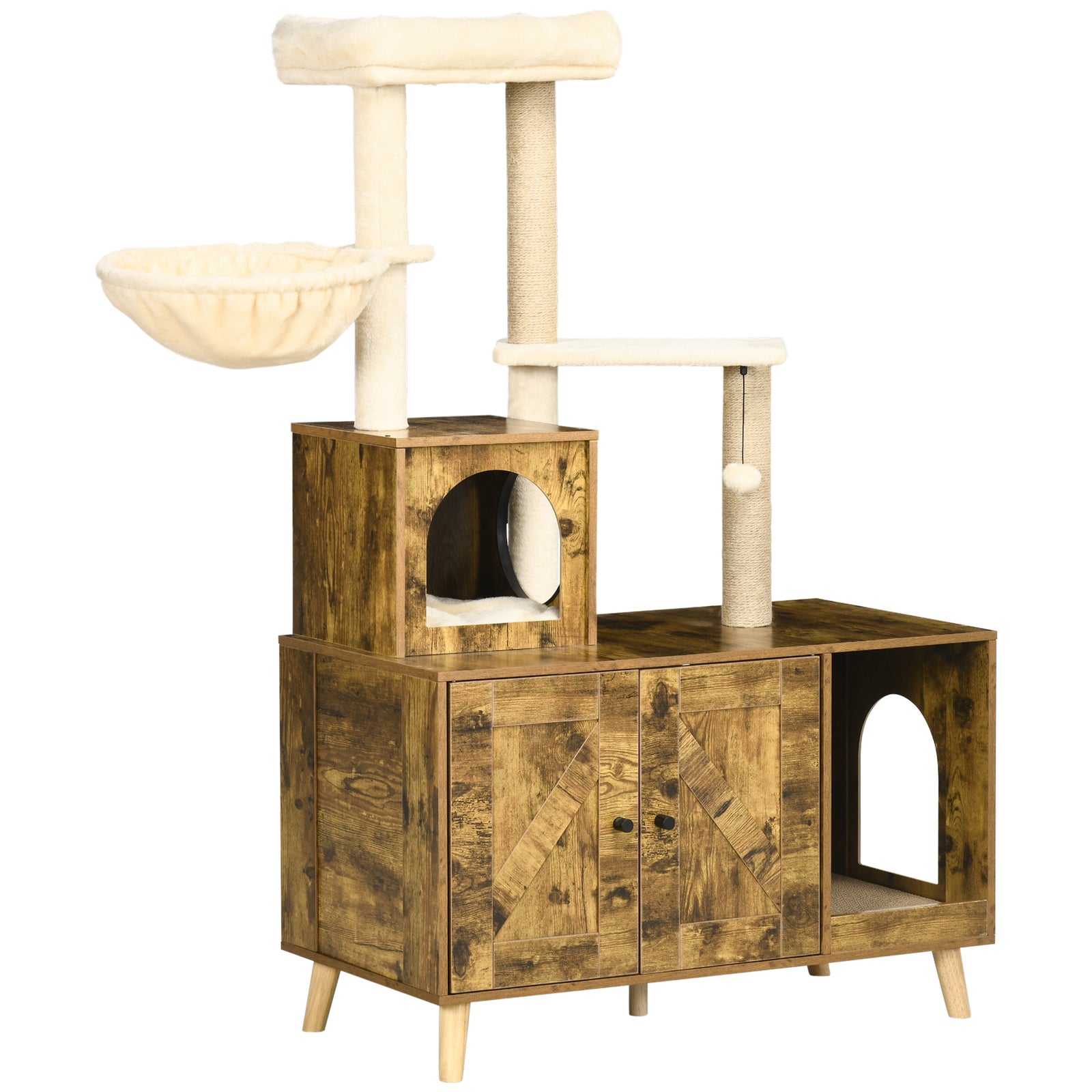Litter Box Enclosure With Cat Tree Tower, Hammock, Cushion
