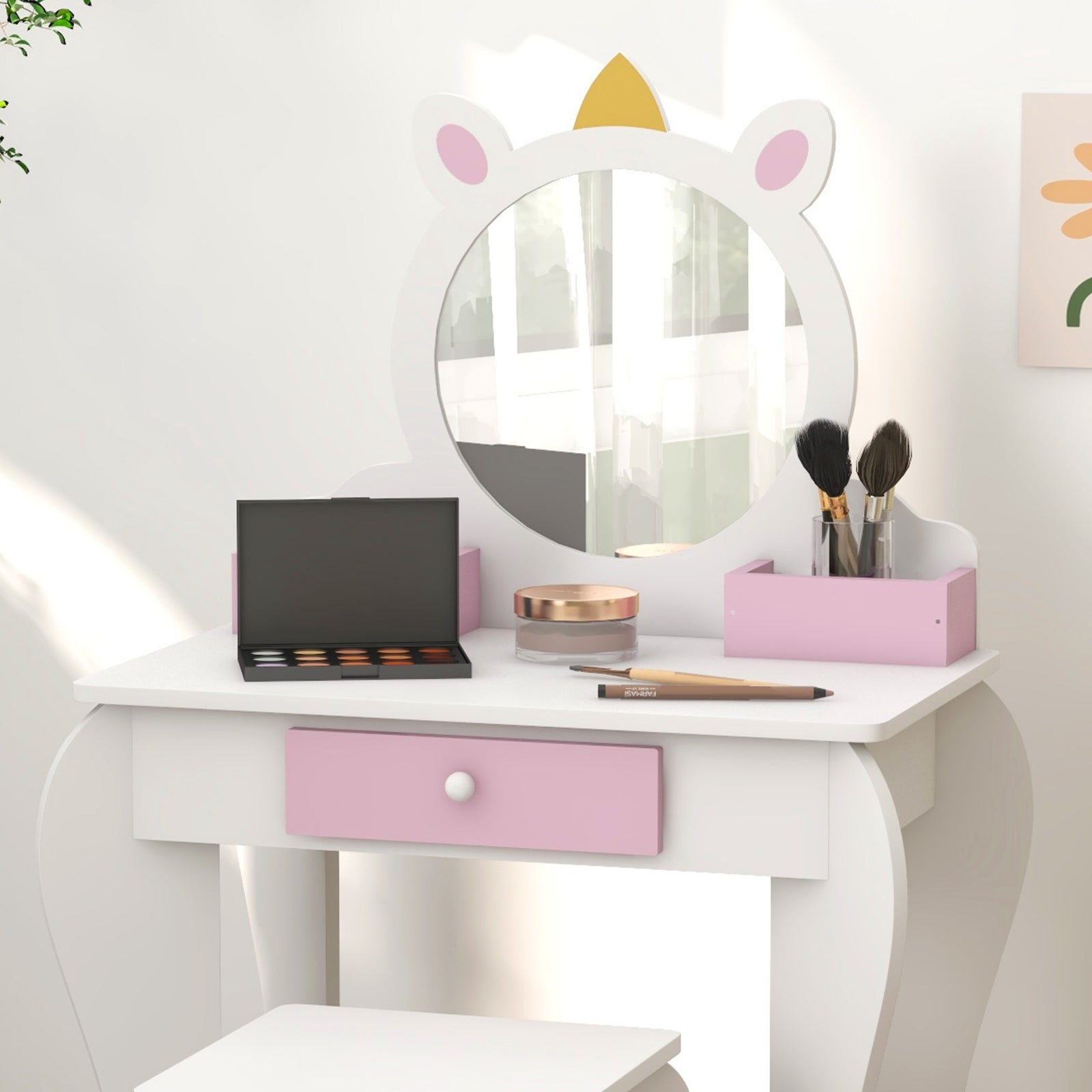 Kids Dressing Table With Mirror And Stool, Unicorn Design, For Ages 3-6 Years | White