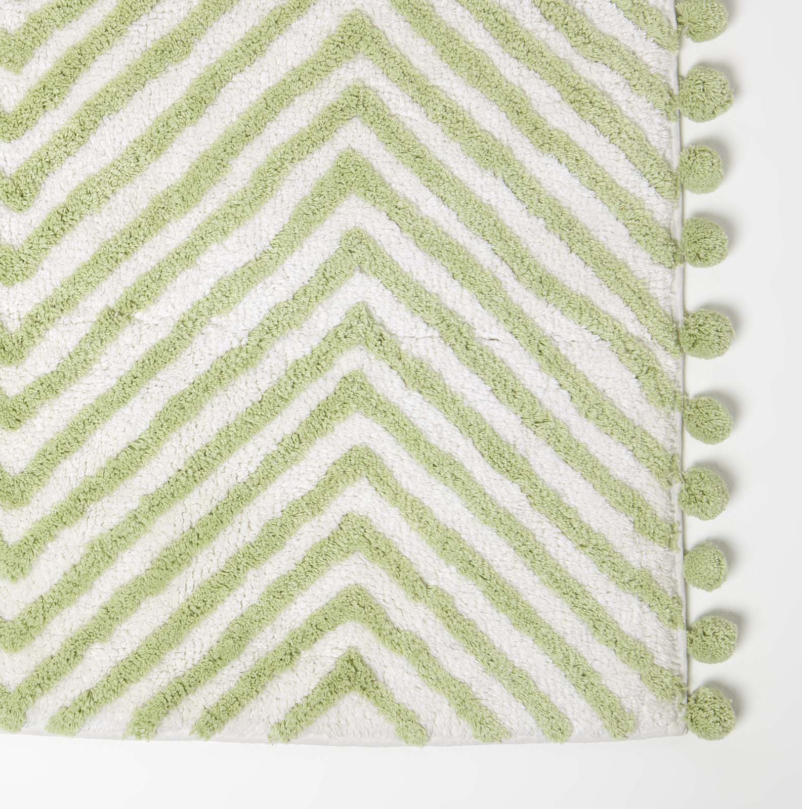 Tufted Cotton Bath Mat Zig Zag Design With Pom Poms | 50 x 80cm | Sage Green
