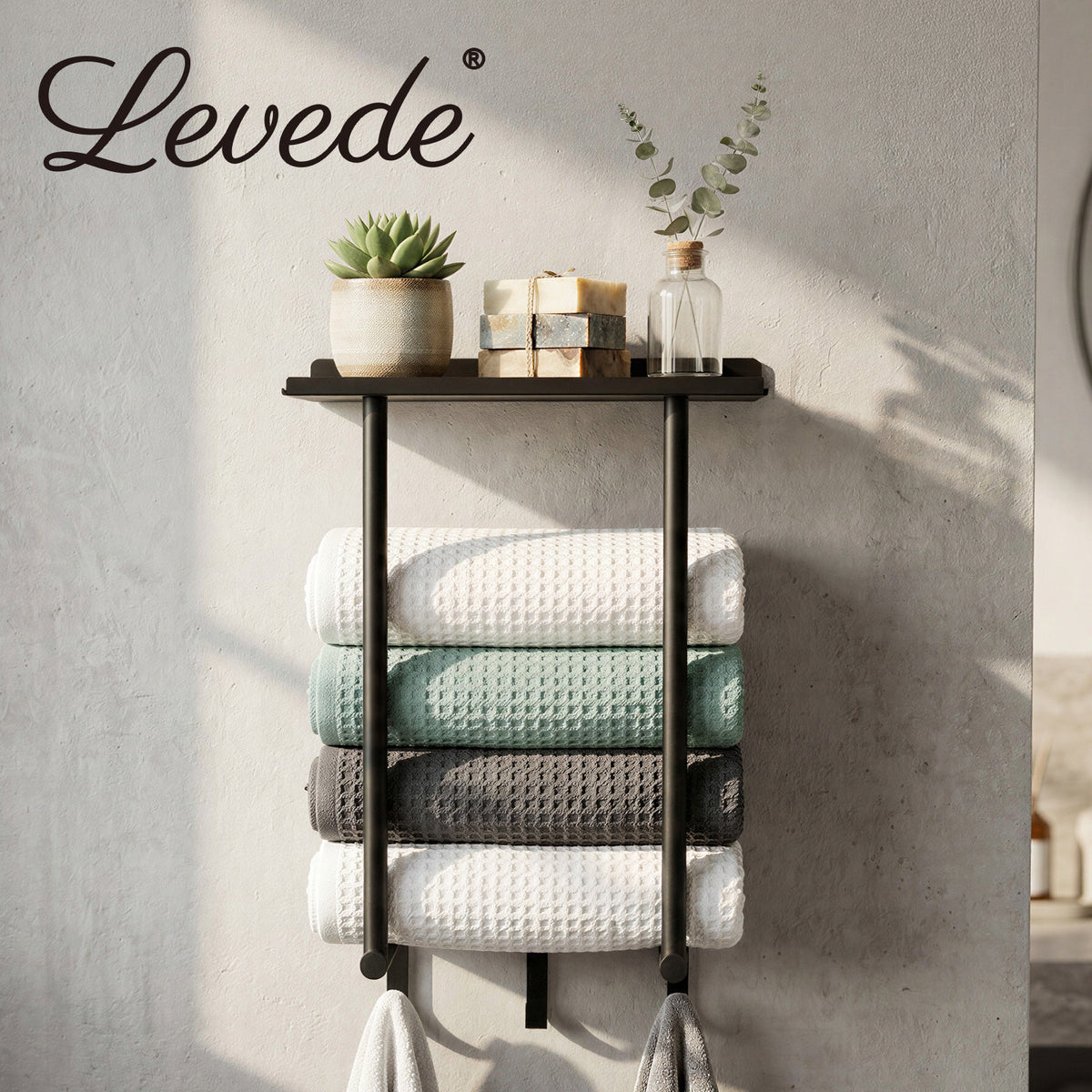 Towel Rack Wall Mounted Shelf Bathroom Storage Holder With Hooks Black | Black