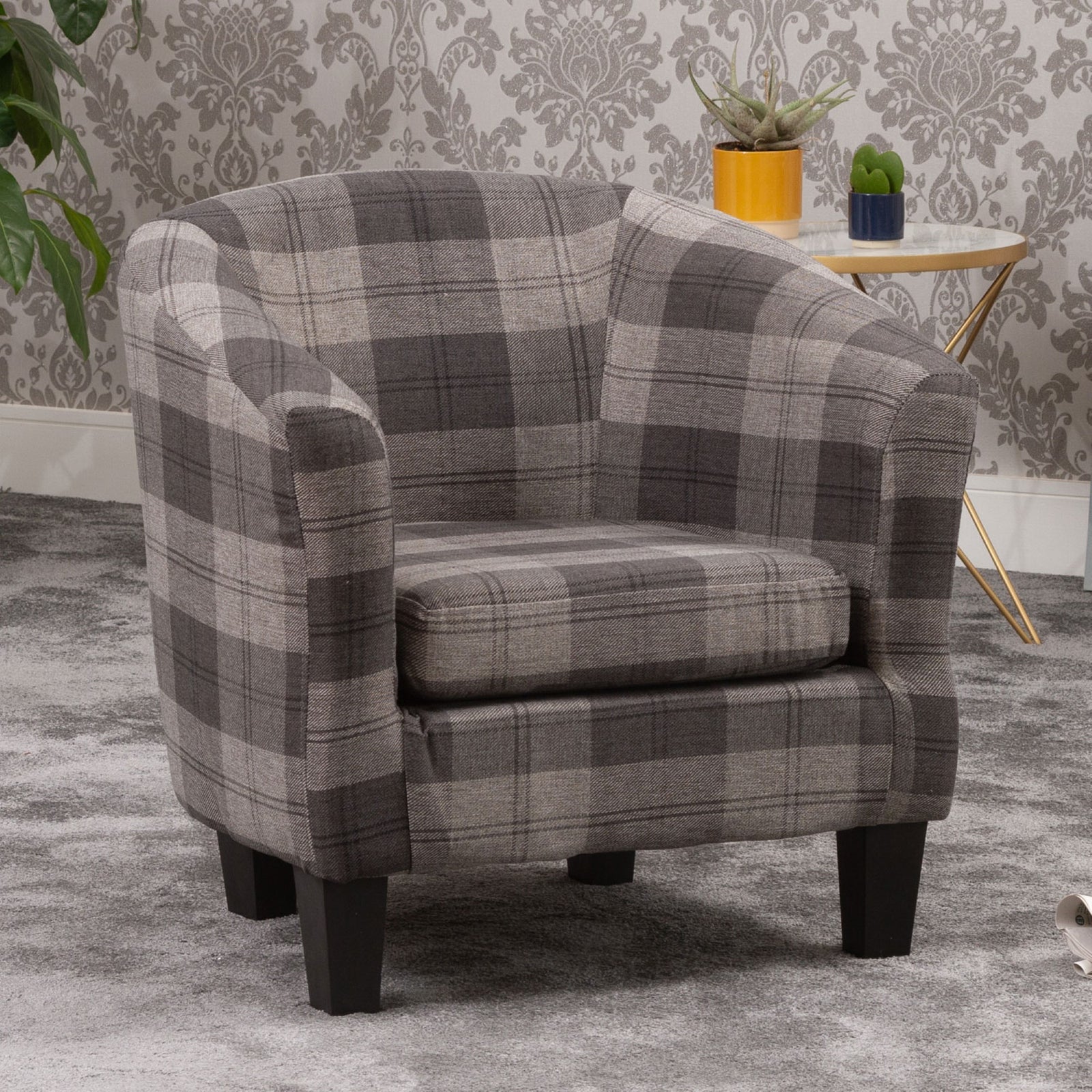 Medford 69cm Wide Chequered Fabric Tub Chair With Dark And Light Wooden Legs | Grey