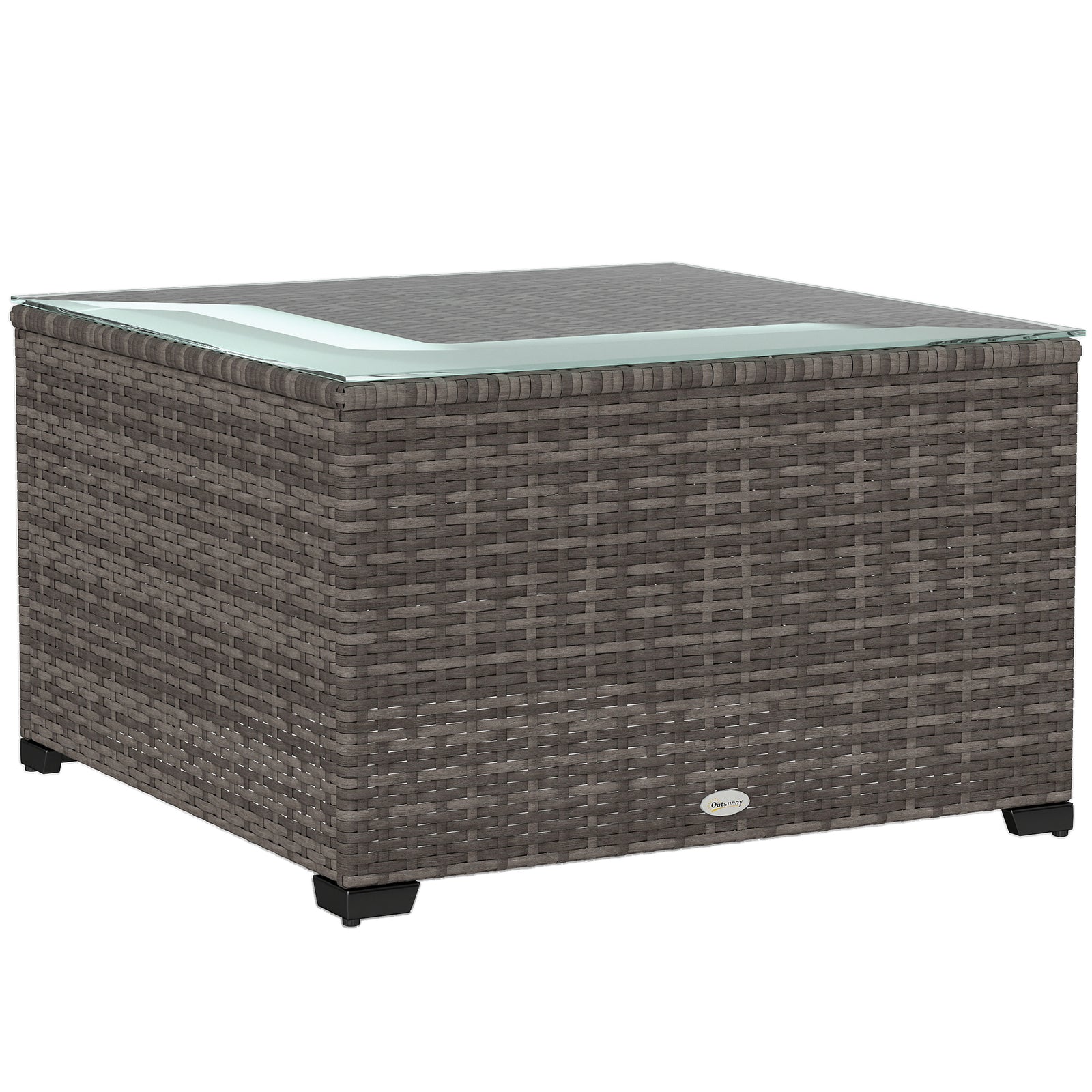 Outdoor Coffee Table W/ Glass Top, Rattan Side Table | Black