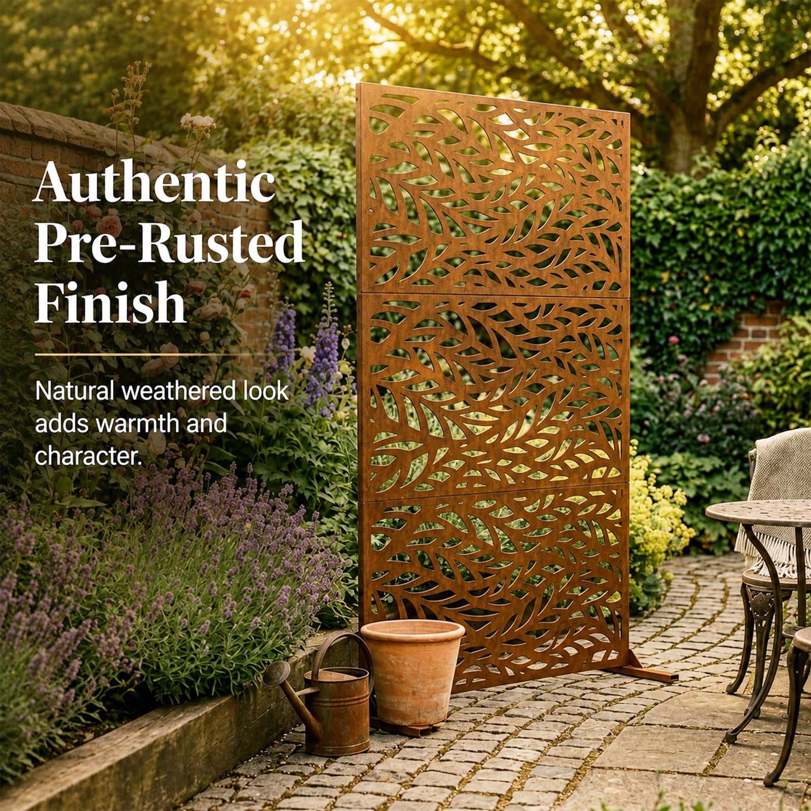 Indoor Outdoor Metal Privacy Screen - Leaf Pattern | Rust