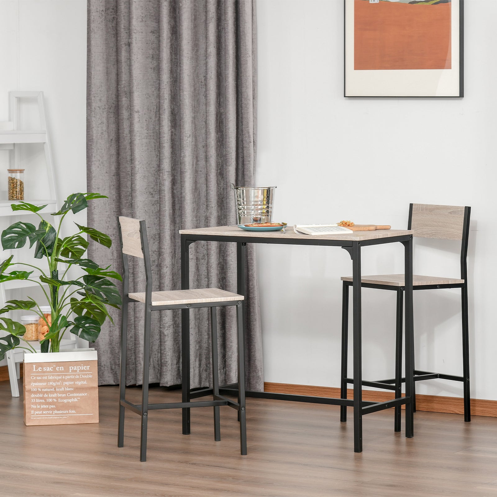 3pc Table Stool Set, Industrial Design, Metal Frame