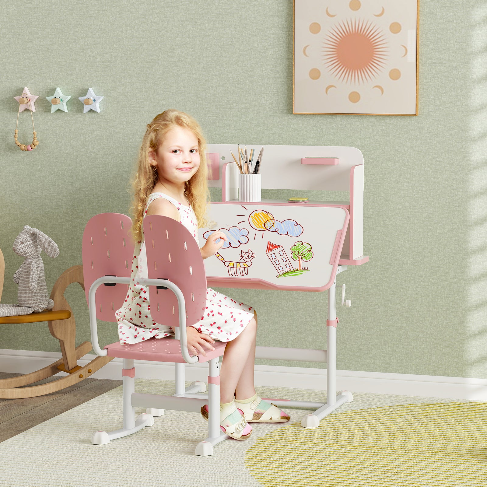 Kids Desk And Chair Set W/ Tiltable Desktop Reading Rack | Pink