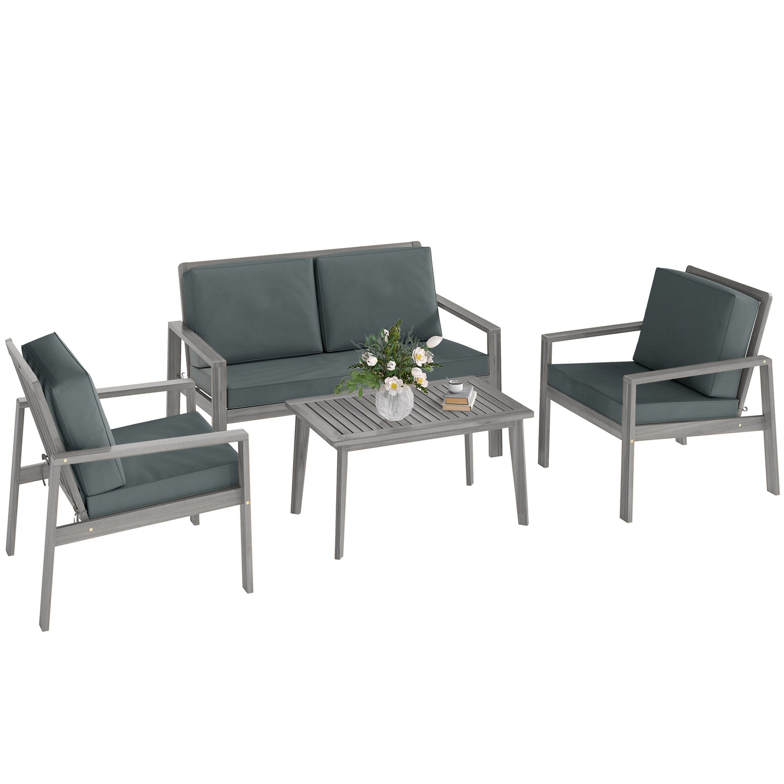 4 Pieces Wooden Garden Furniture Set With Cushions | Light Grey