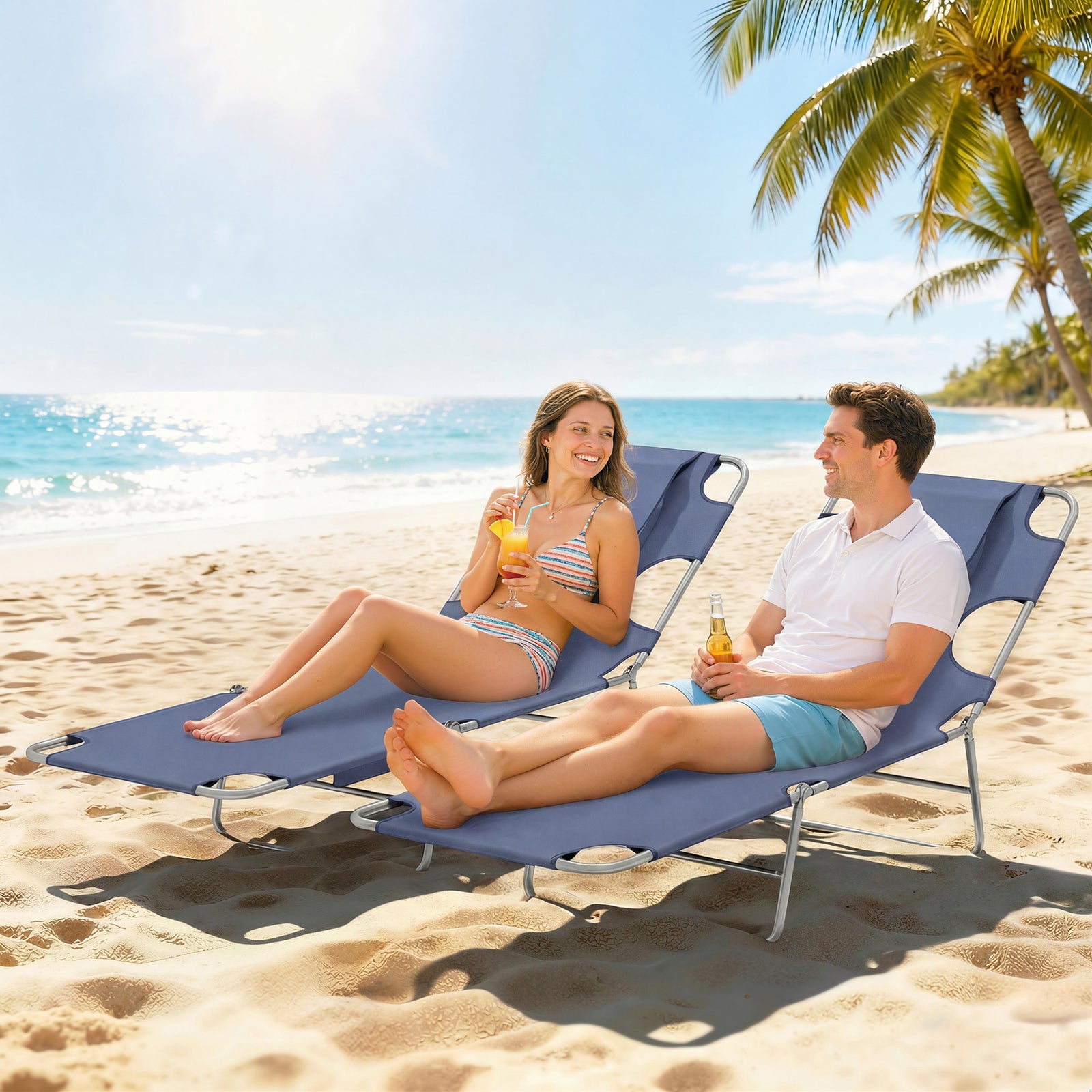 2 Sun Loungers With Reading Hole, Folding Garden Lounger | Grey