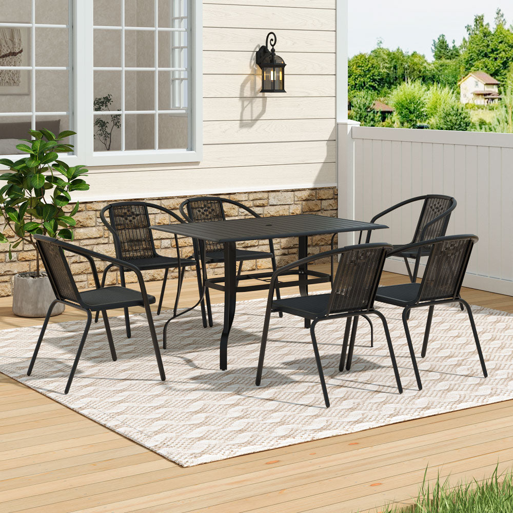 7 Pcs Garden Dining Set Metal Slatted Coffee Table With Rattan Chairs