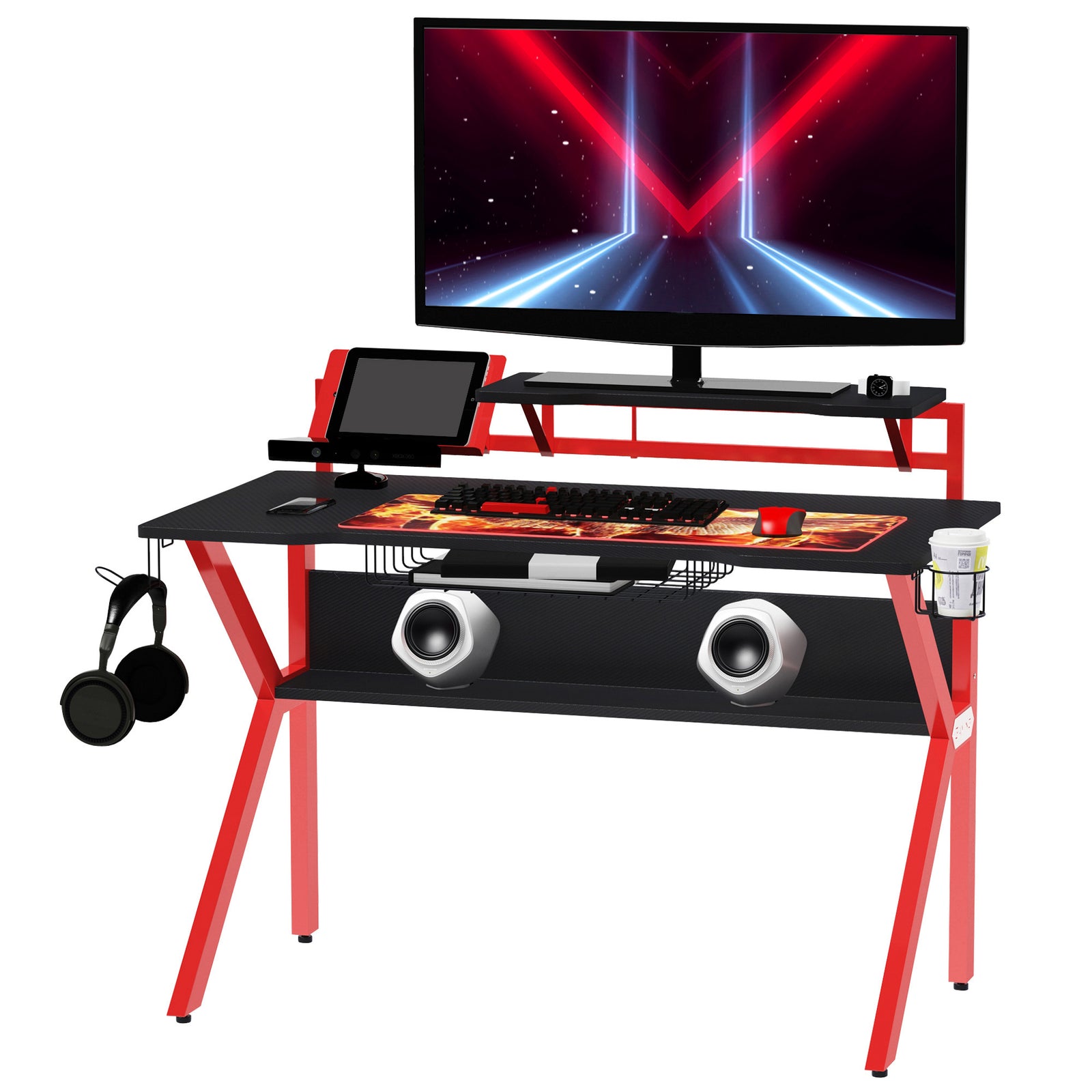 Gaming Desk Table W/ Cup Holder Basket Red