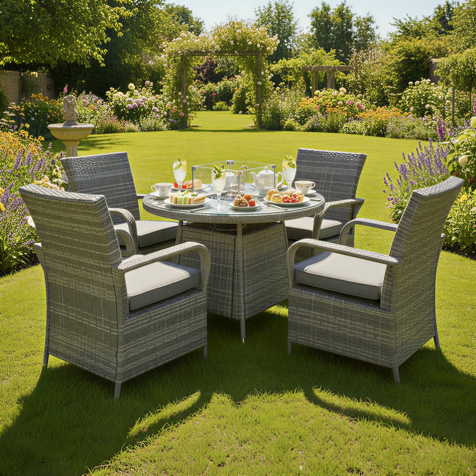 Windsor Rattan 4 Seat Firepit Dining Set | 4 Seat | Mixed Grey