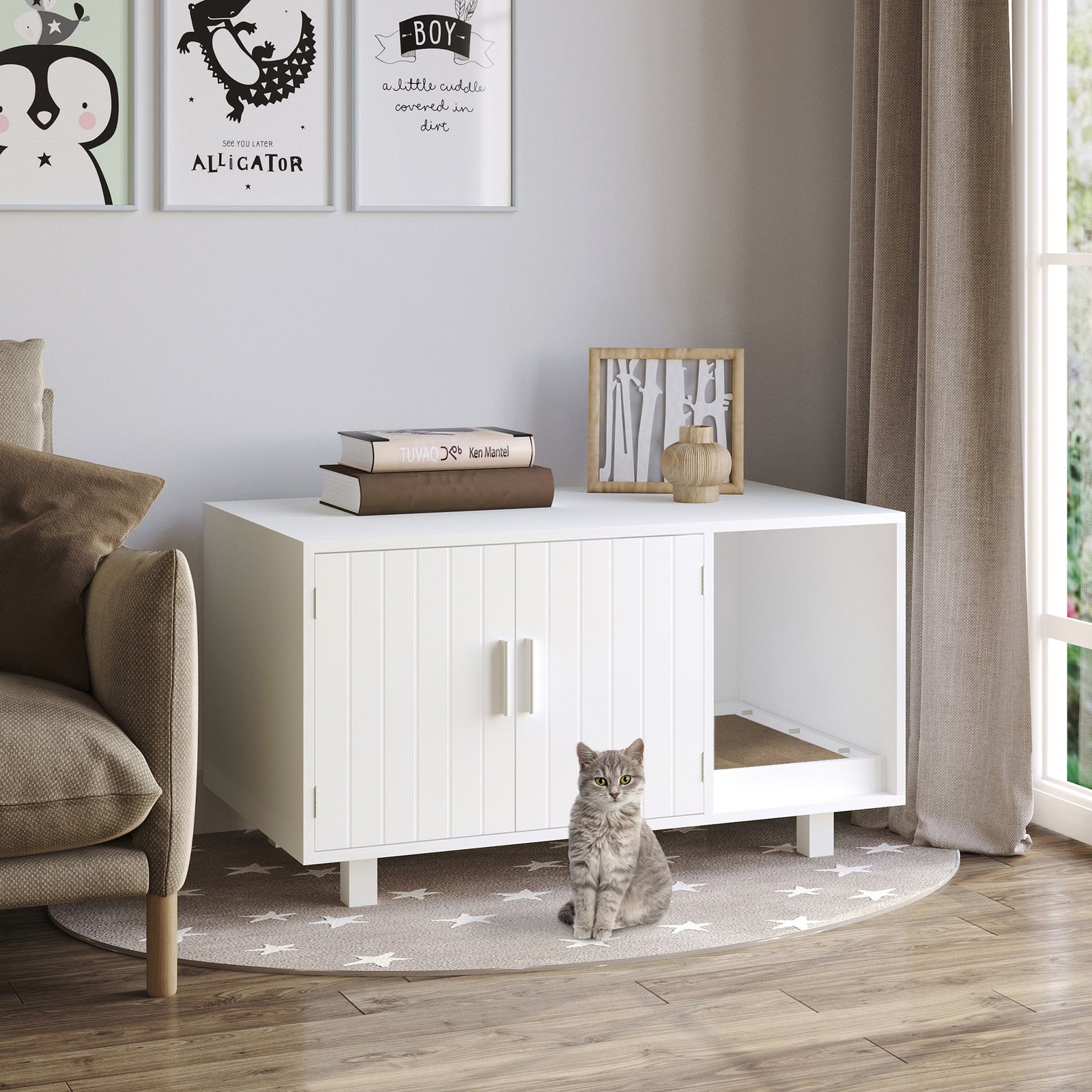 Cat Litter Box Enclosure & House W/ Nightstand/end Table Design | White