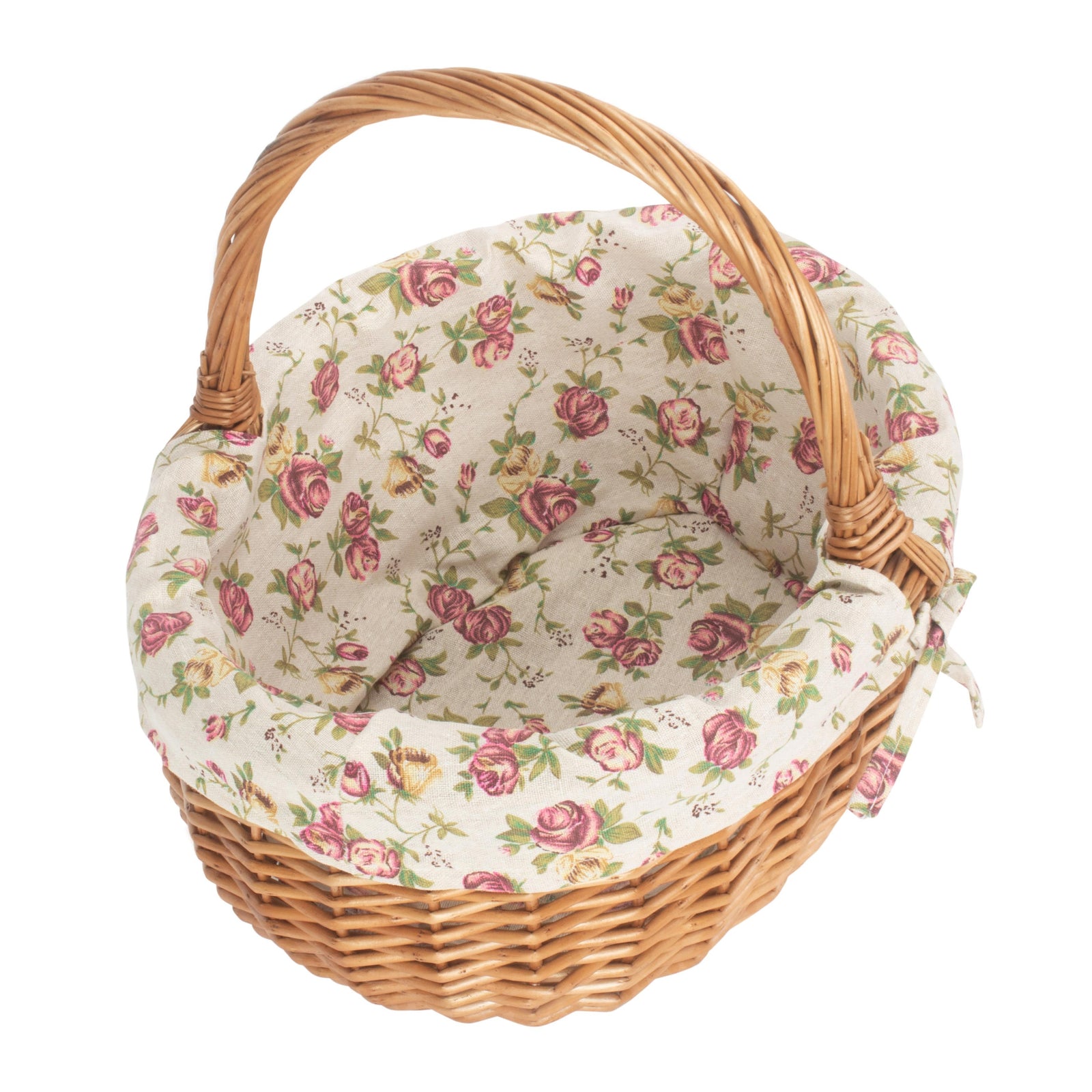 Garden Rose Cotton Lined Deluxe Wicker Shopping Basket | Small | Pink