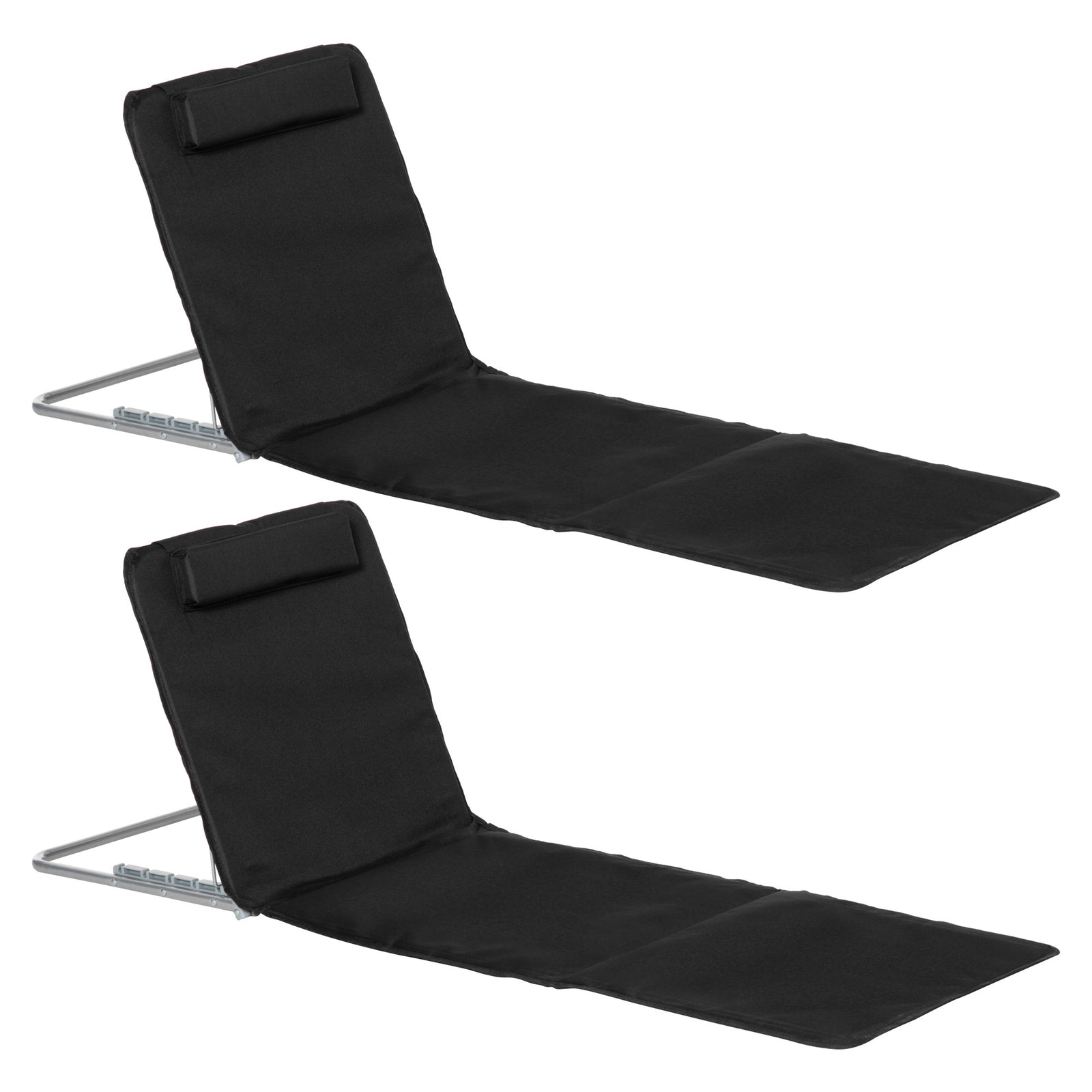 2pc Outdoor Beach Mat Steel Reclining Chair Set W/ Pillow | Black