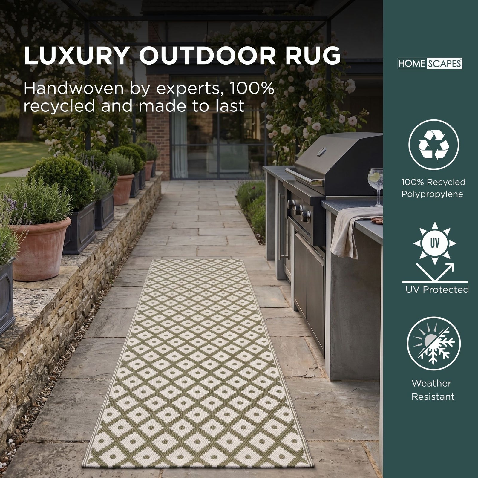 Luxury Outdoor Rug Waterproof Reversible For Garden Patio 100% Recycled, Green May Geometric | 75cm x 200cm | Olive