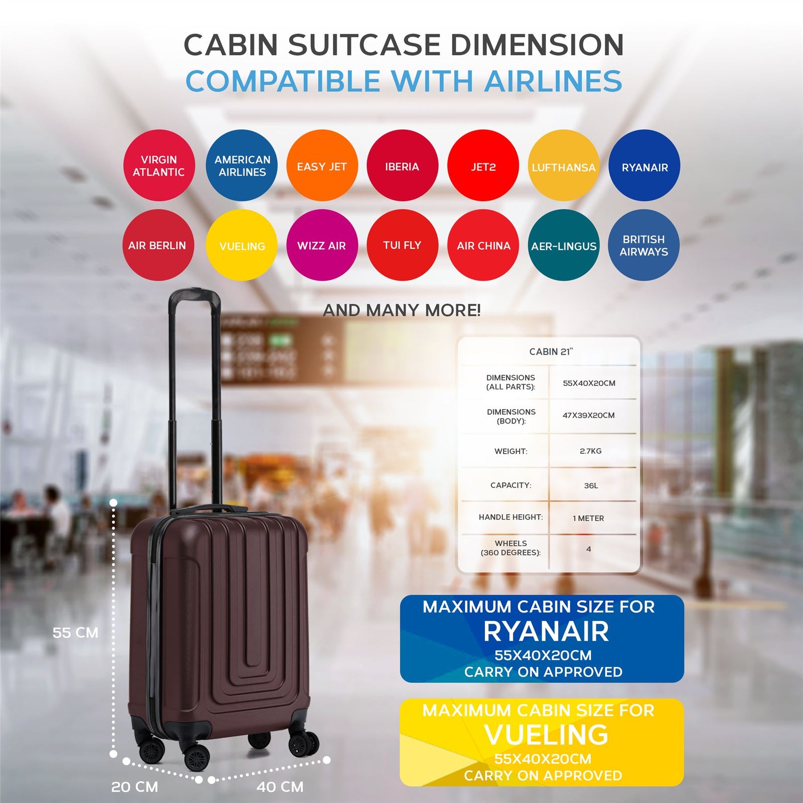 55x40x20cm Lightweight Luggage Overhead Cabin Hard Shell Cabin Suitcase 60+ Airlines Approved - Carry On Case - 4 Wheels | Cabin | Burgundy