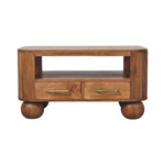Solid Wood Briarwood Fluted Coffee Table, 2 Drawers And Open Shelf, Light Brown
