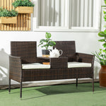 Rattan Garden Bench W/ Glass Table, Wicker Chair, Cushions | Brown