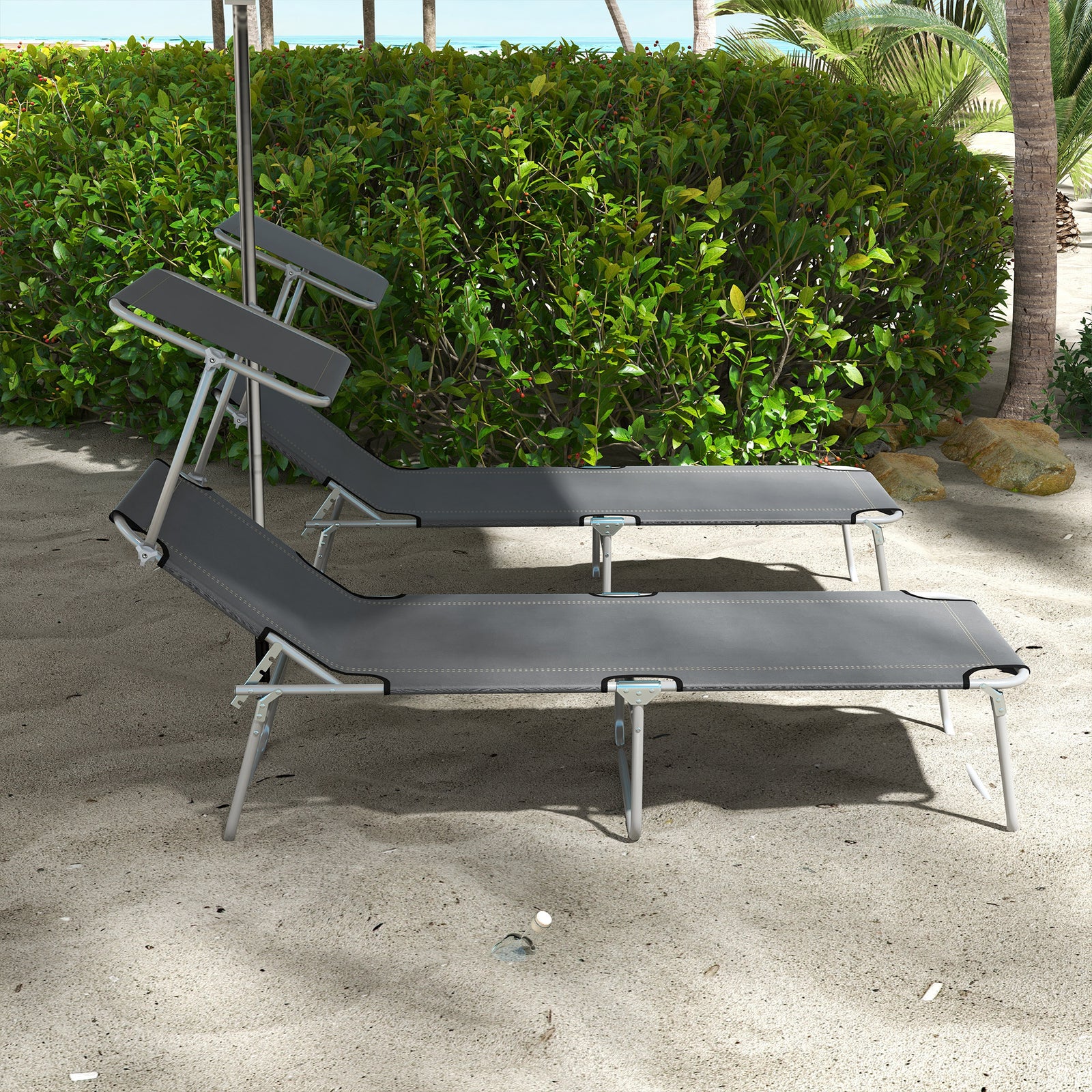 Reclining Sun Lounger Folding Recliner Garden Chair | Set of 2 | Dark Gray