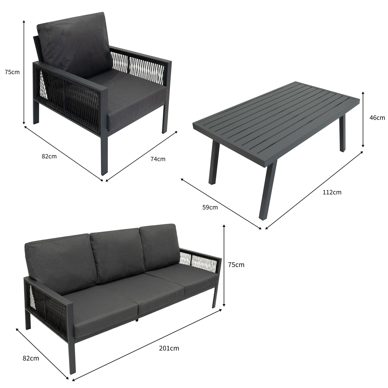 Aluminium 4 Piece Sofa Set With Rattan Storage Box | Anthracite