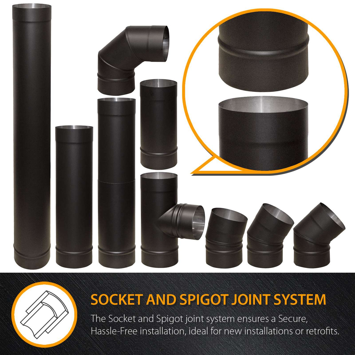 5 Inch (125mm) 45 Degree Elbow Bend Stove Flue Pipe Matte Black Stainless Steel