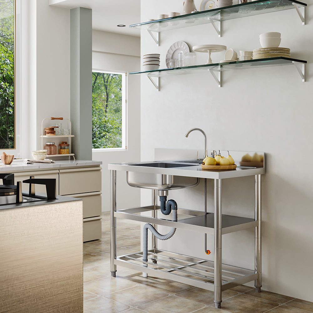 100cm W X 50cm D X 89.5cm H Bathroomdeco Stainless Steel One Compartment Sink With Shelves