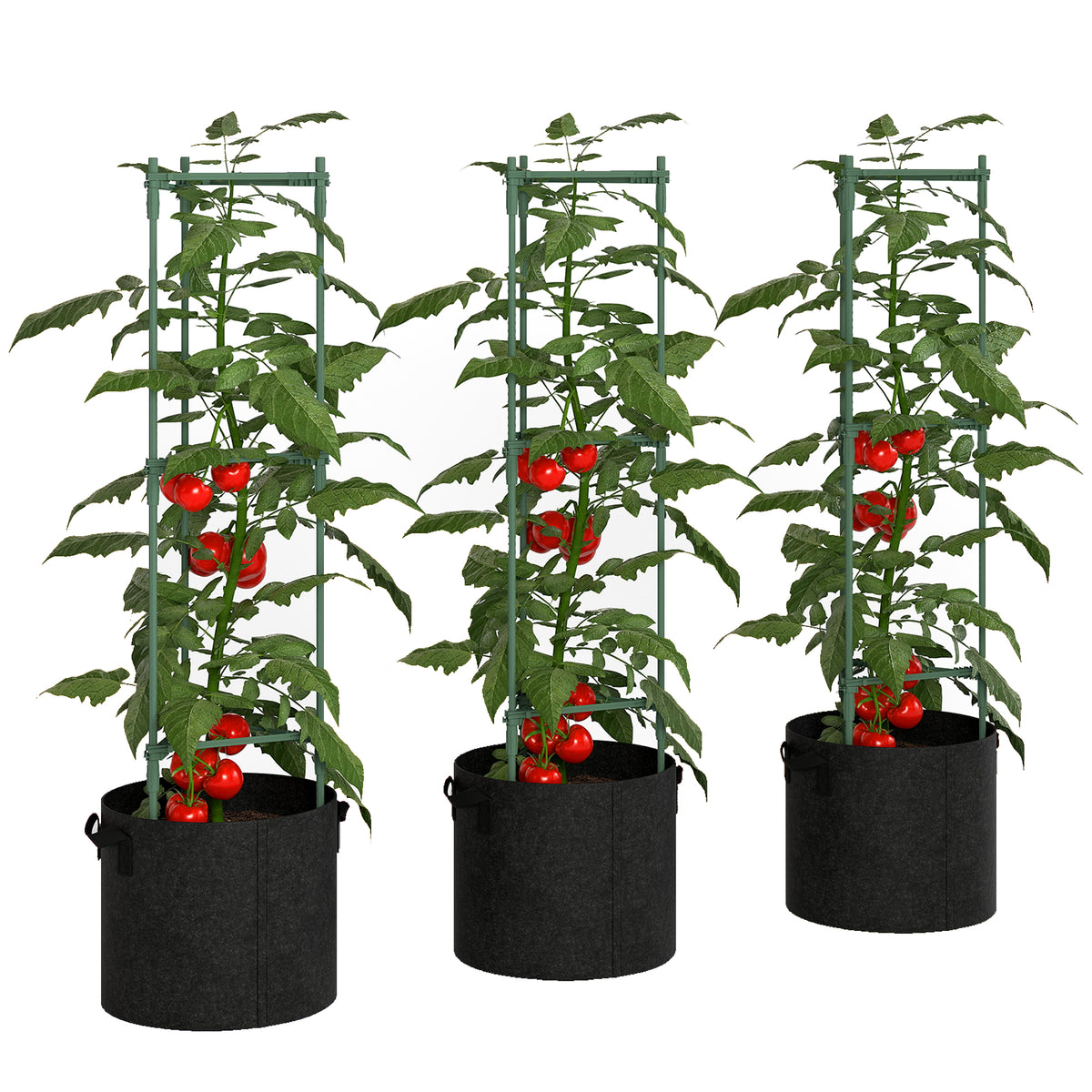 Outsunny 3 Packs Tomato Cages With 83.7l Grow Bags, 120cm Plant Stakes