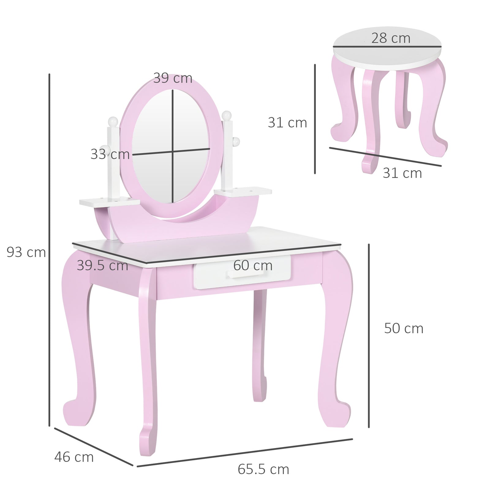 Kids Dressing Table With Mirror And Stool, For Ages 3-6 Years - Pink | Pink