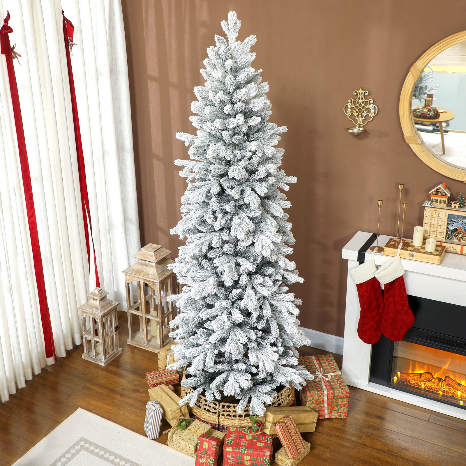 Pencil Christmas Tree With Snow, Realistic Tips, Easy Assembly | 7ft | Green