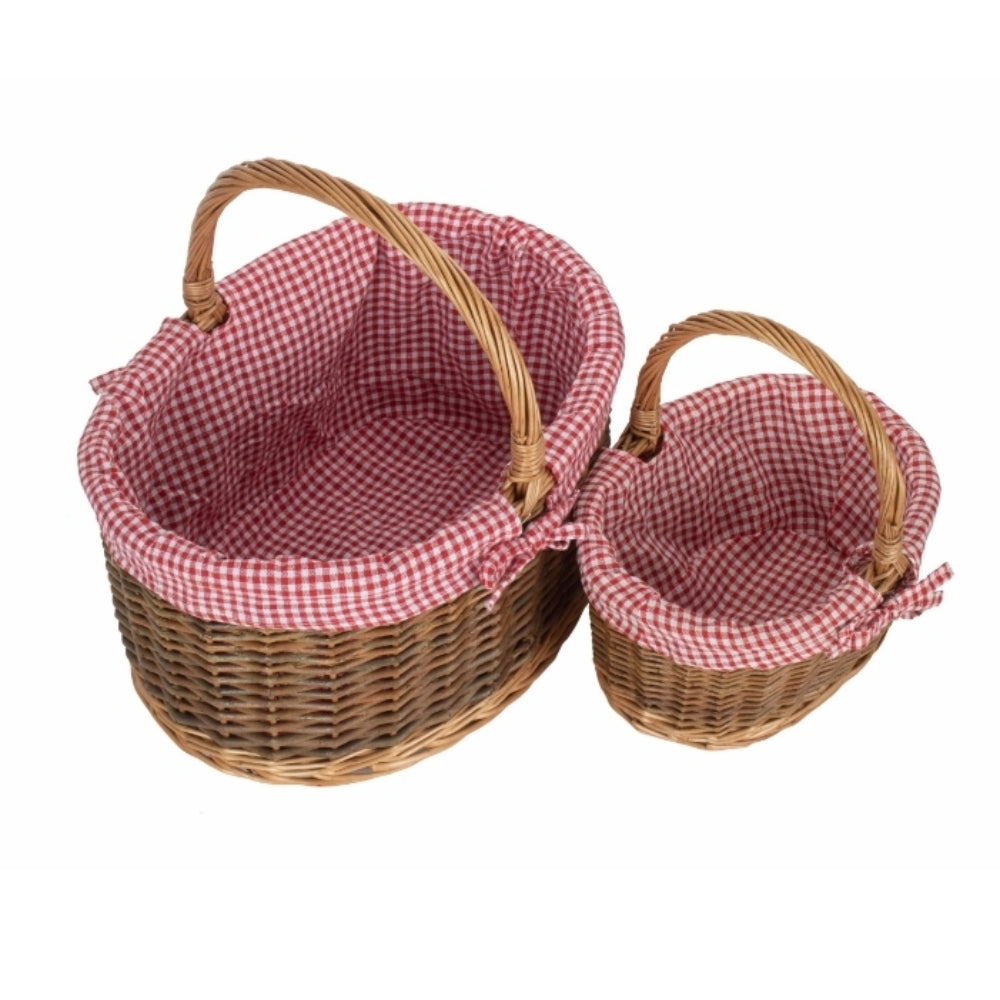 Red Checked Lined Country Oval Wicker Shopping Basket | Set-of-2