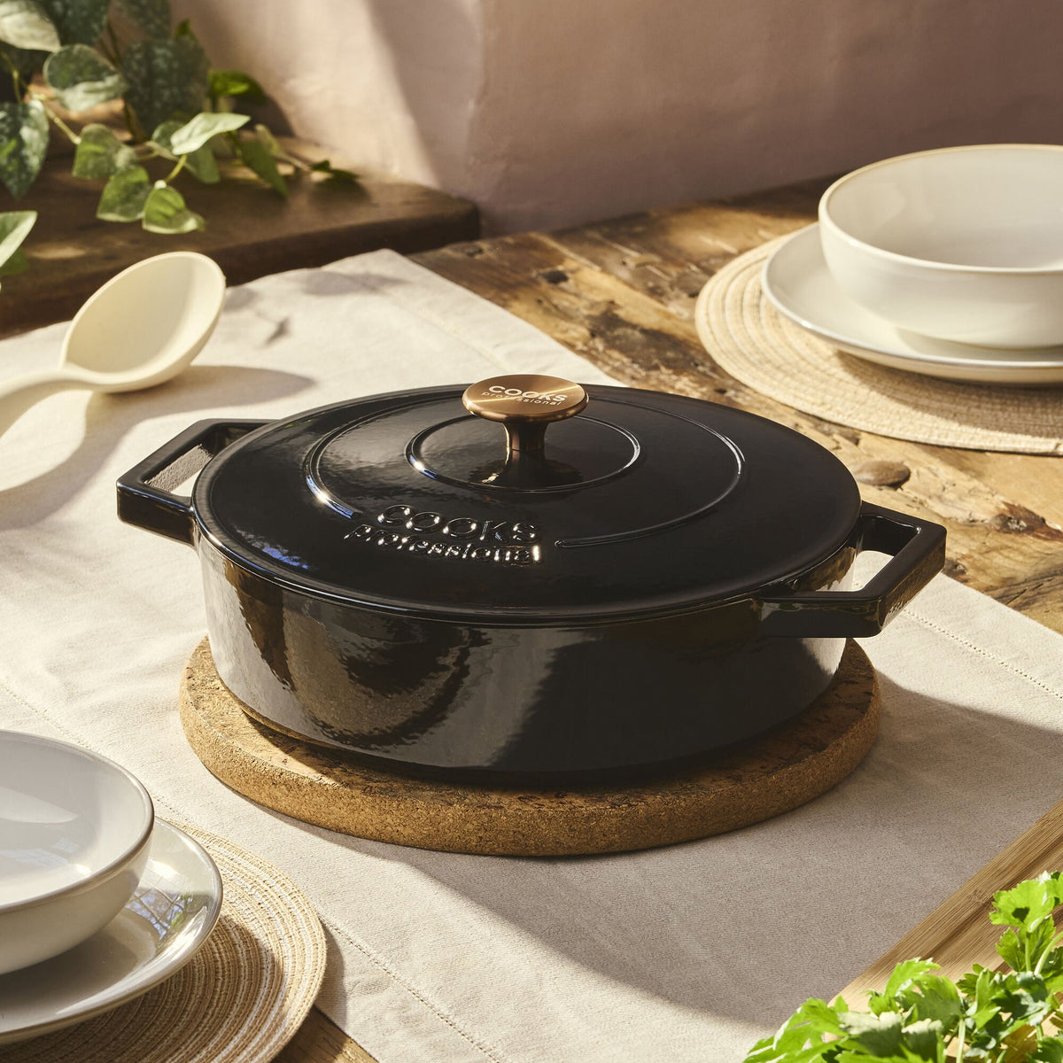 Cooks Professional Set Of 3 Cast Iron Casserole Dishes - 20, 26 & 28cm