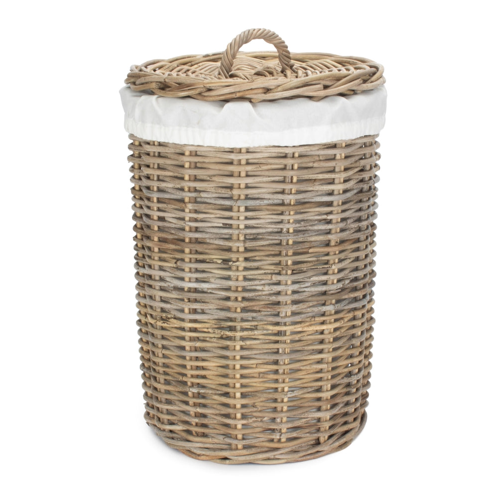 Round Rattan Laundry Hamper Basket With White Lining | Large | Brown