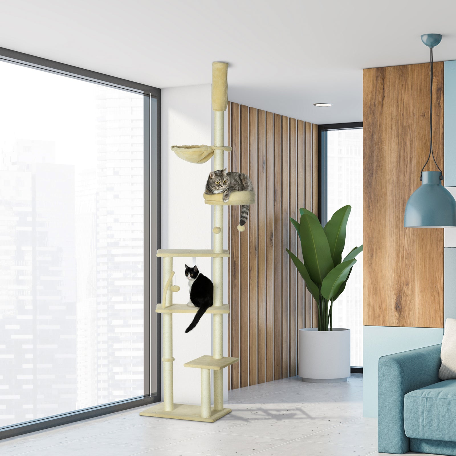 Floor To Ceiling Climbing Cat Tree Tower, 230-250cm Height, Beige