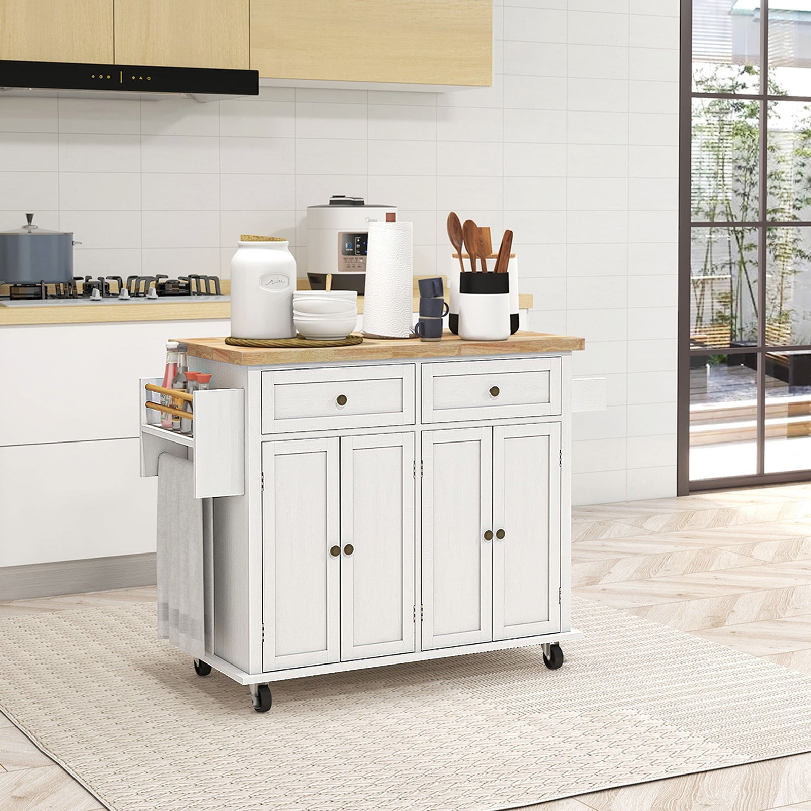 Rolling Kitchen Island Cart With Rubber Wood Top, Spices | White