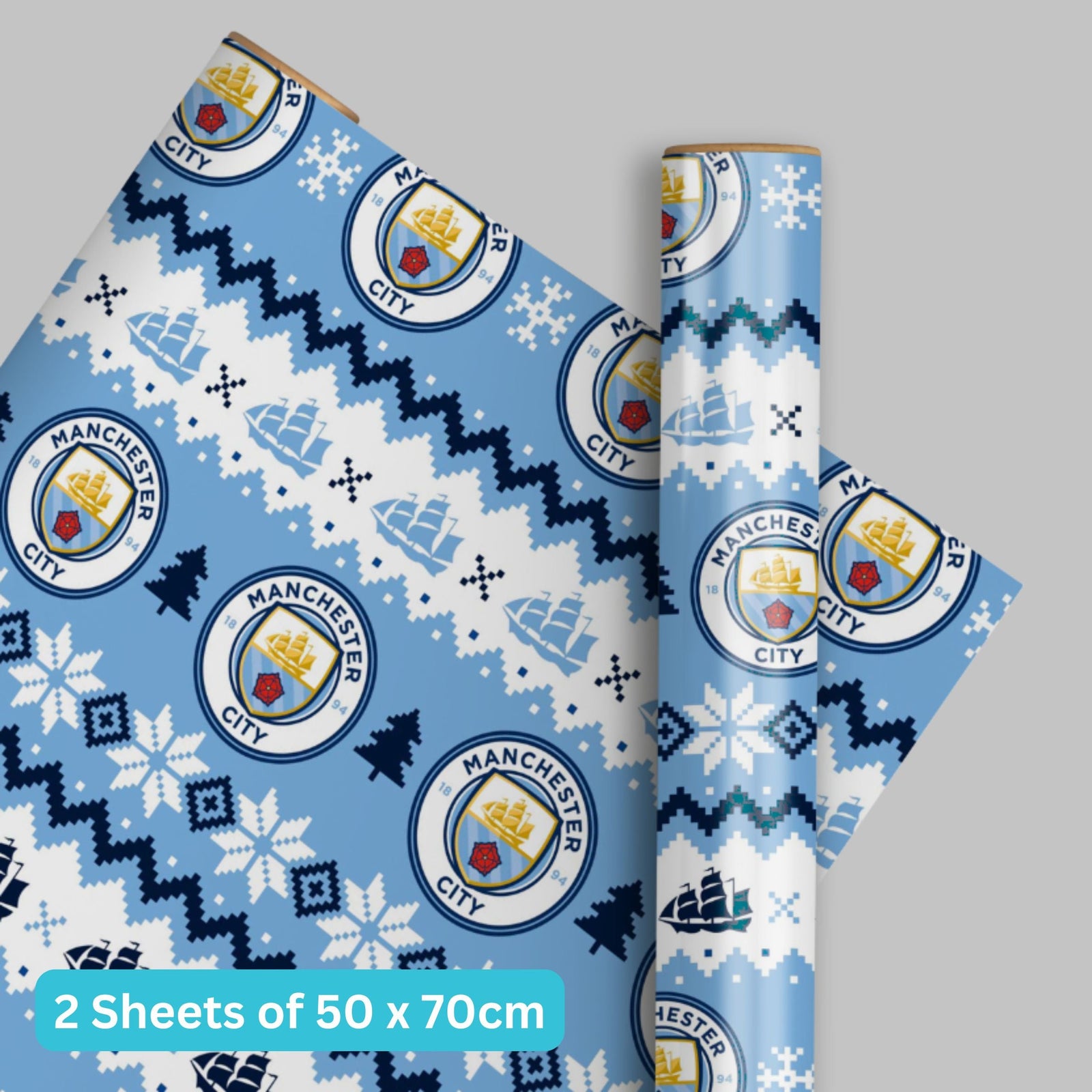 Manchester City FC Christmas Gift Wrap, 2 Sheet 2 Tag, Official Product